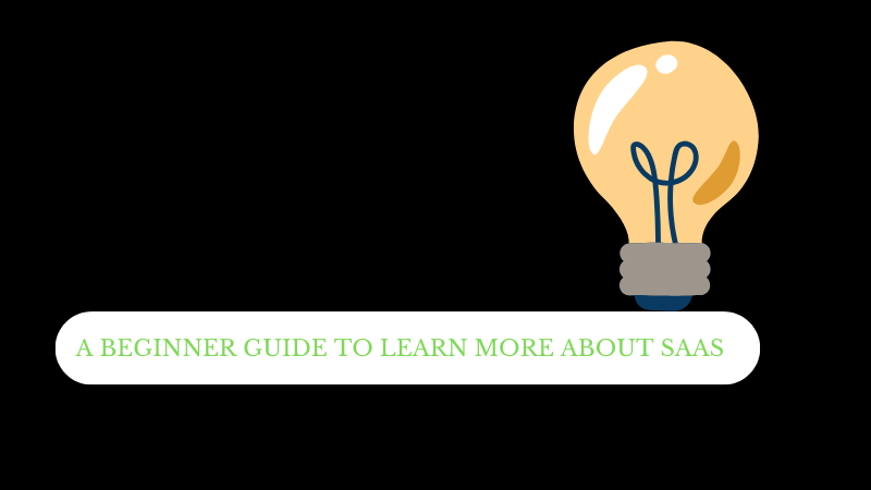 Illustration of a book titled 'A Beginner Guide to Learn More About SaaS with a computer and cloud icon.
