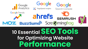 A collage of various SEO tools icons including keyword research, analytics, link building, and website optimization tools.